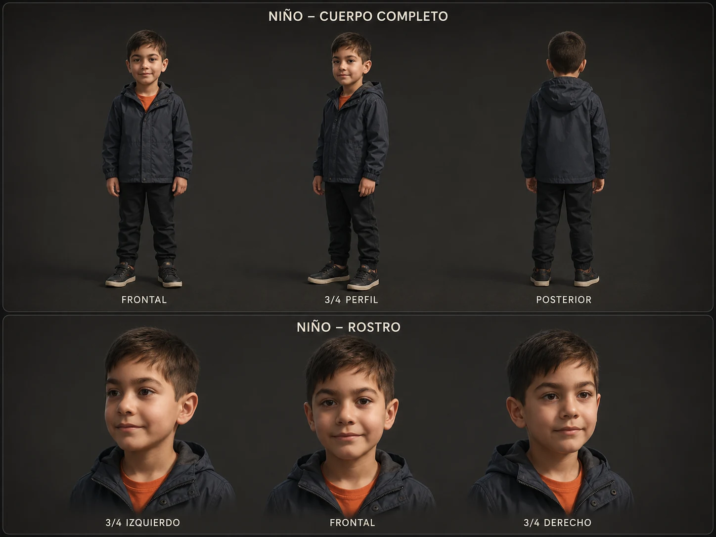 Hoja de desarrollo visual del niño con vistas de cuerpo y rostro
