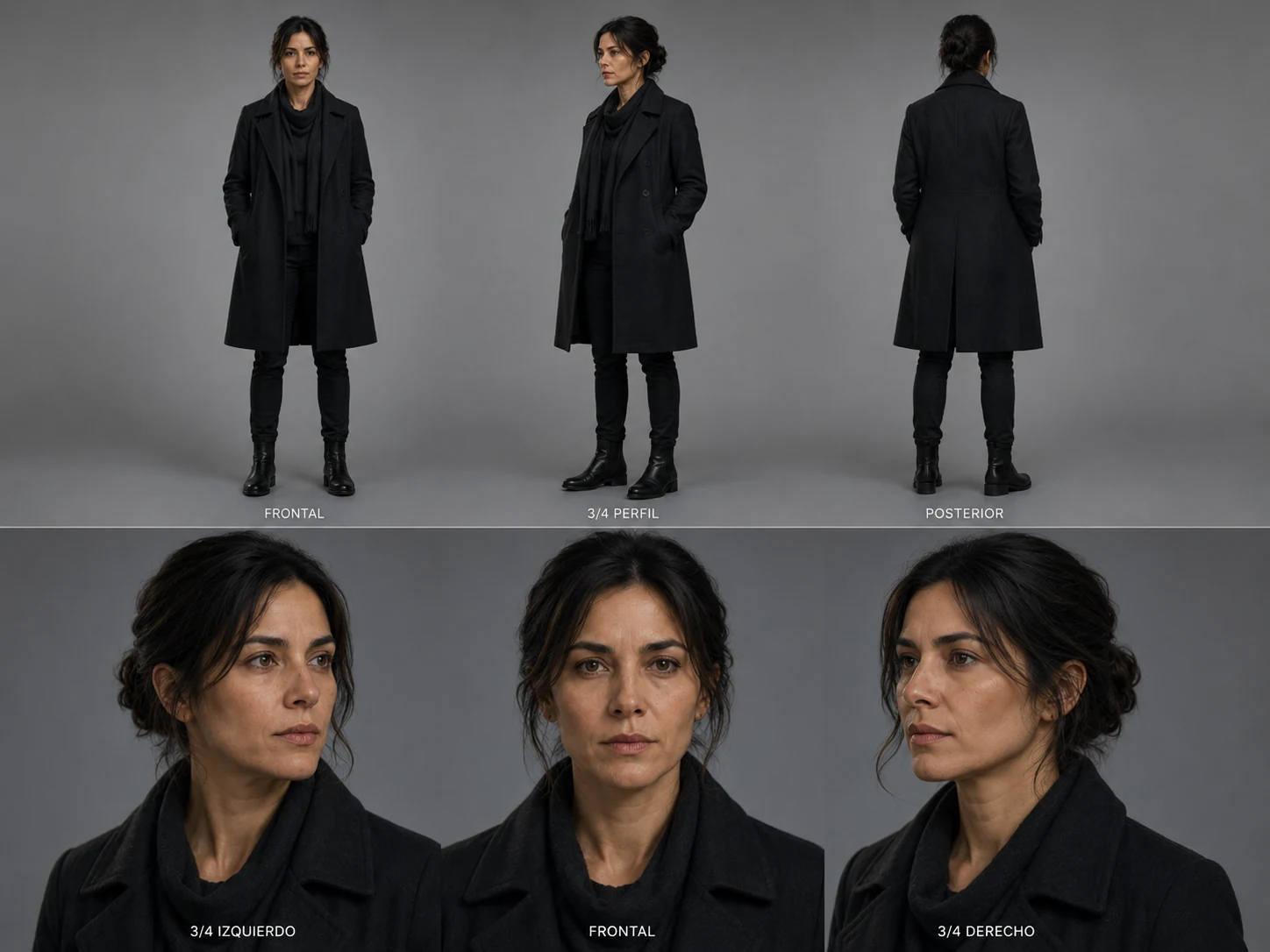 Hoja de desarrollo visual de la protagonista con vistas de cuerpo y rostro