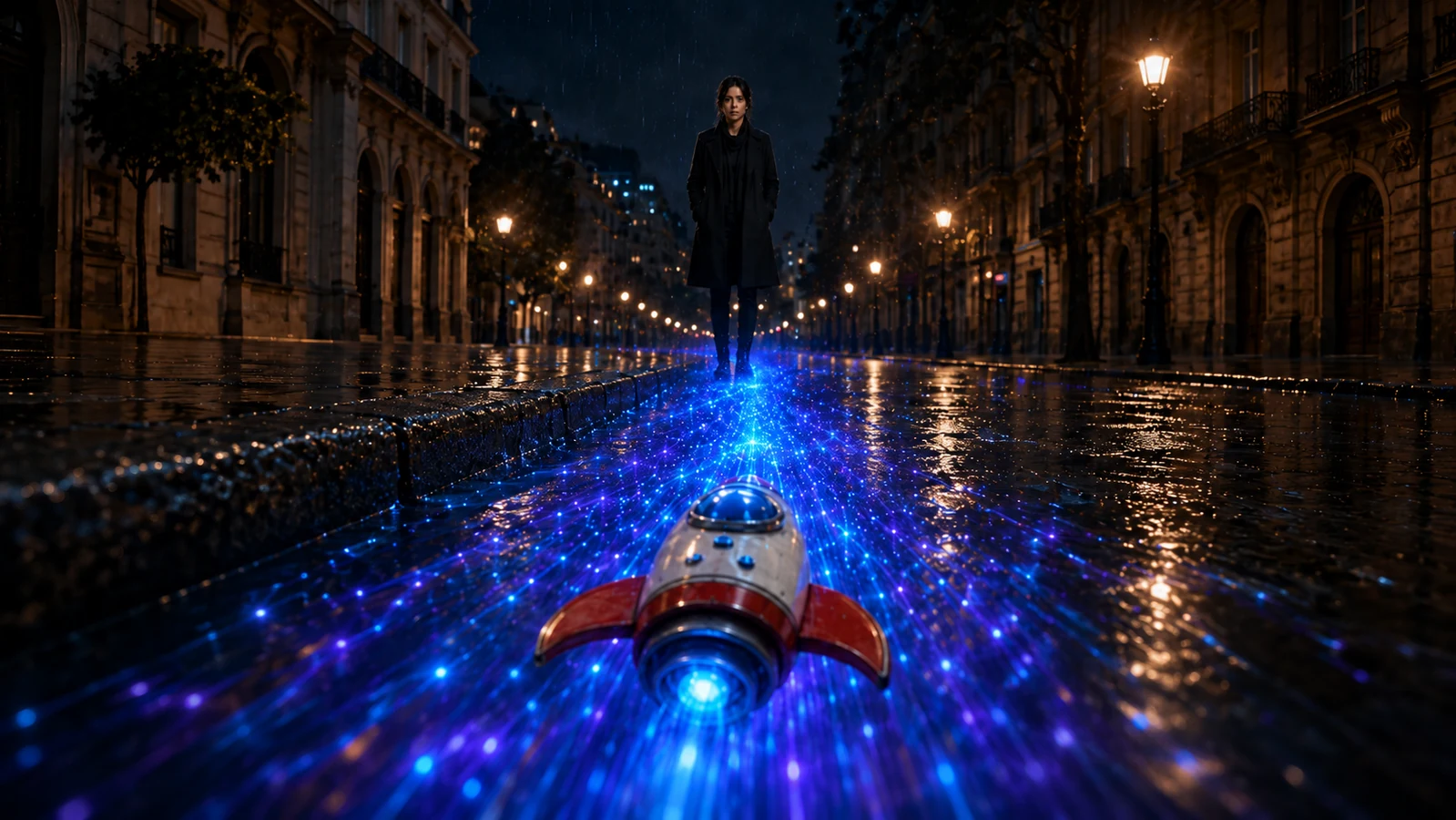 Una nave luminosa avanza por una calle nocturna hacia una mujer