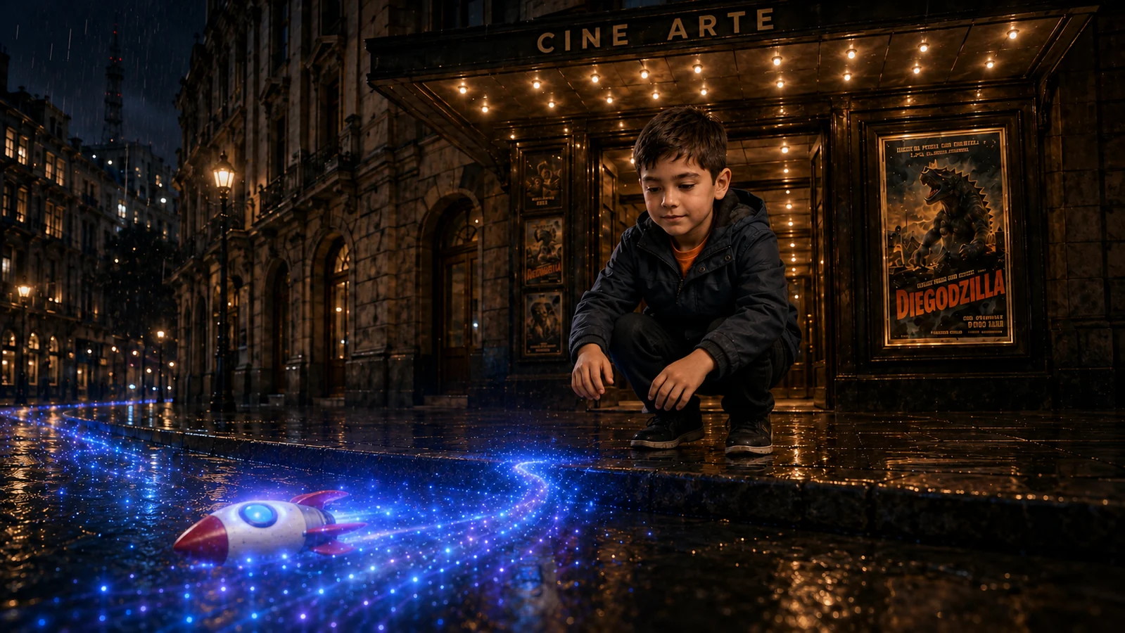 Un niño observa una nave luminosa frente a un cine