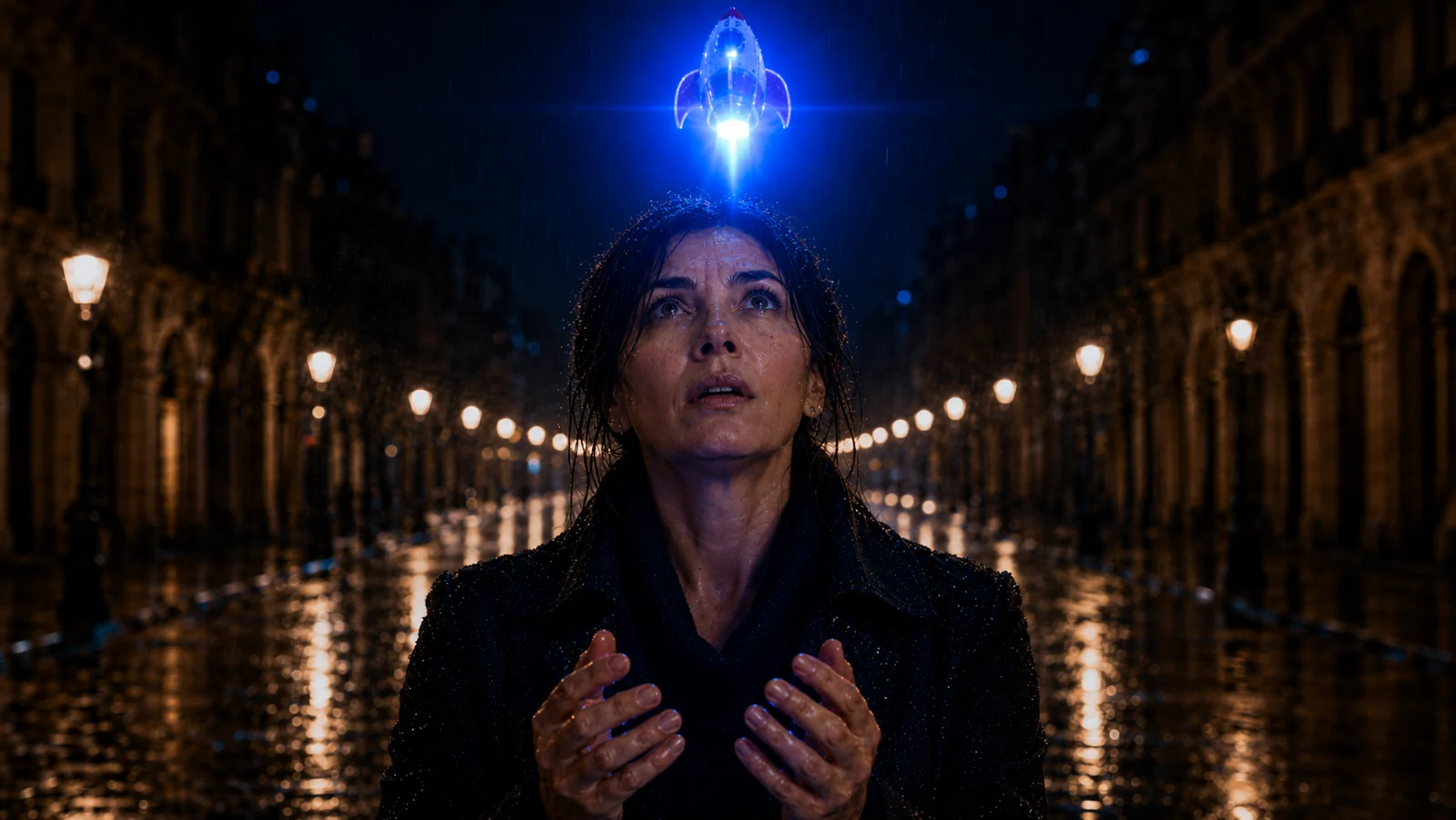 La protagonista observa una nave luminosa bajo la lluvia